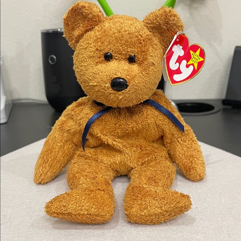 Ty Plush Brown Teddy Bear with Navy Bow “Fuzz” born in 1999